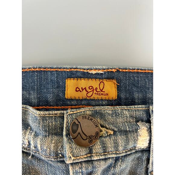 Y2K Vintage Angels Denim skirt size S micro mini distressed embroidered raw hem - Picture 5 of 10